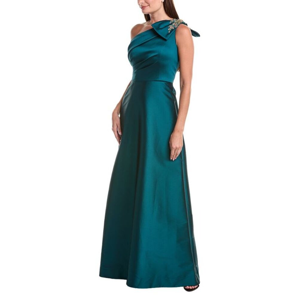 Teri Jon By Rickie Freeman Womens Mikado Asymmetrical Jewel Bow Shoulder Gown,